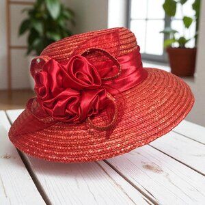 Women's Straw Hat Red Satin Roses Wide Brim Fancy Derby Church Hat
